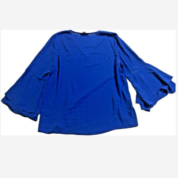Alfani Blouse Top Women Size 14 Large Blue Bell Sleeves V-Neck Lined Polyester - Picture 2 of 3